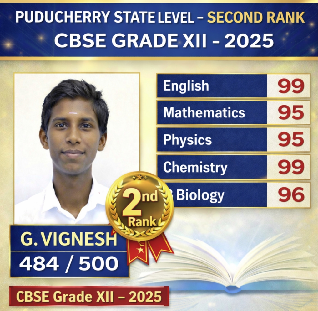 CBSE +2 State 2nd Rank – Puducherry